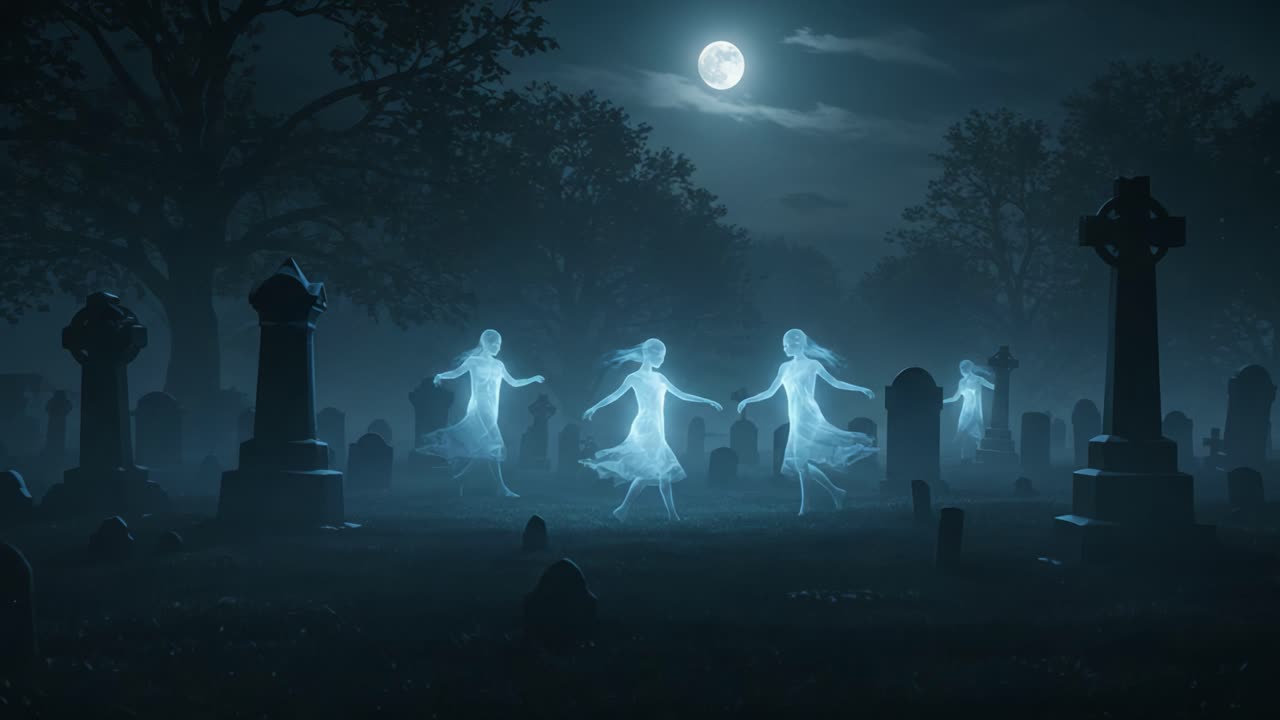 Ethereal Spirits Dance in a Haunted Graveyard Under the Moonlight, Capturing the Essence of the Supernatural and the Mystical Realm of Forgotten Souls