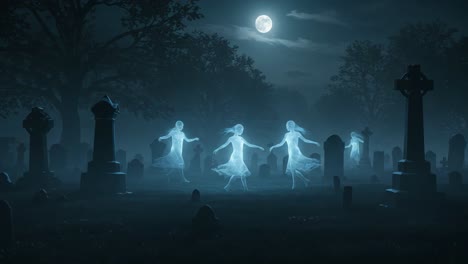 ethereal spirits dance in a haunted graveyard under the moonlight, capturing the essence of the supernatural and the mystical realm of forgotten souls