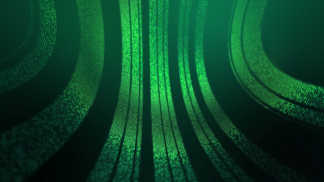 4k looped abstract green background of glow particles form lines, surfaces, round structures as futuristic landscape in cyberspace or hologram. Sci-fi theme with DOF, lighting effects and bokeh.