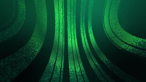 4k looped abstract green background of glow particles form lines, surfaces, round structures as futuristic landscape in cyberspace or hologram. sci-fi theme with dof, lighting effects and bokeh.