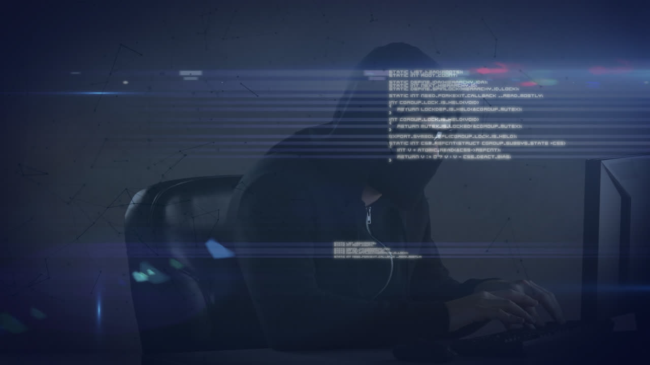Animation of data processing, lights and connections over caucasian male hacker
