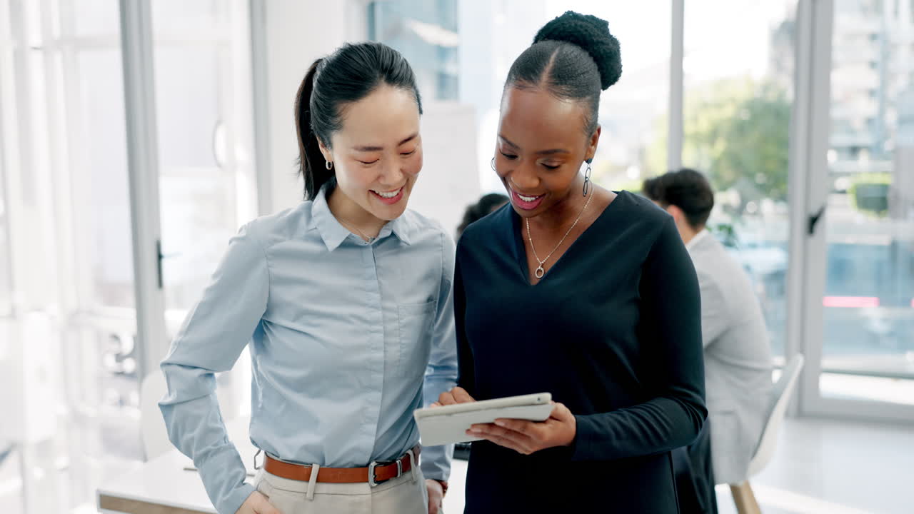 Tablet, teamwork and business women