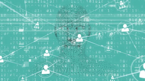 animation of network of connections with icons over data processing on green background