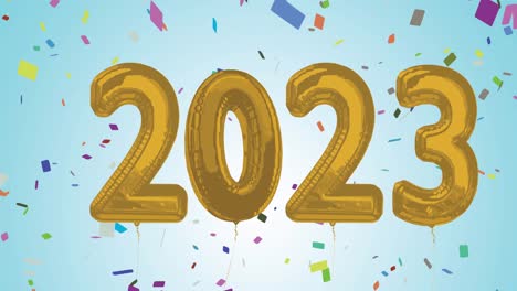 Animation-of-2023-gold-balloon-numbers-and-confetti-on-blue-background