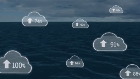 Animation-of-up-arrows-and-changing-numbers-in-clouds-over-sea-against-cloudy-sky