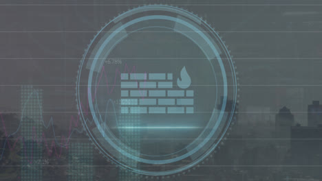 Animation-Des-Firewall-Symbols,-Cyber-Sicherheitstext,-Statistische-Datenverarbeitung-Mit-Blick-Auf-Das-Stadtbild