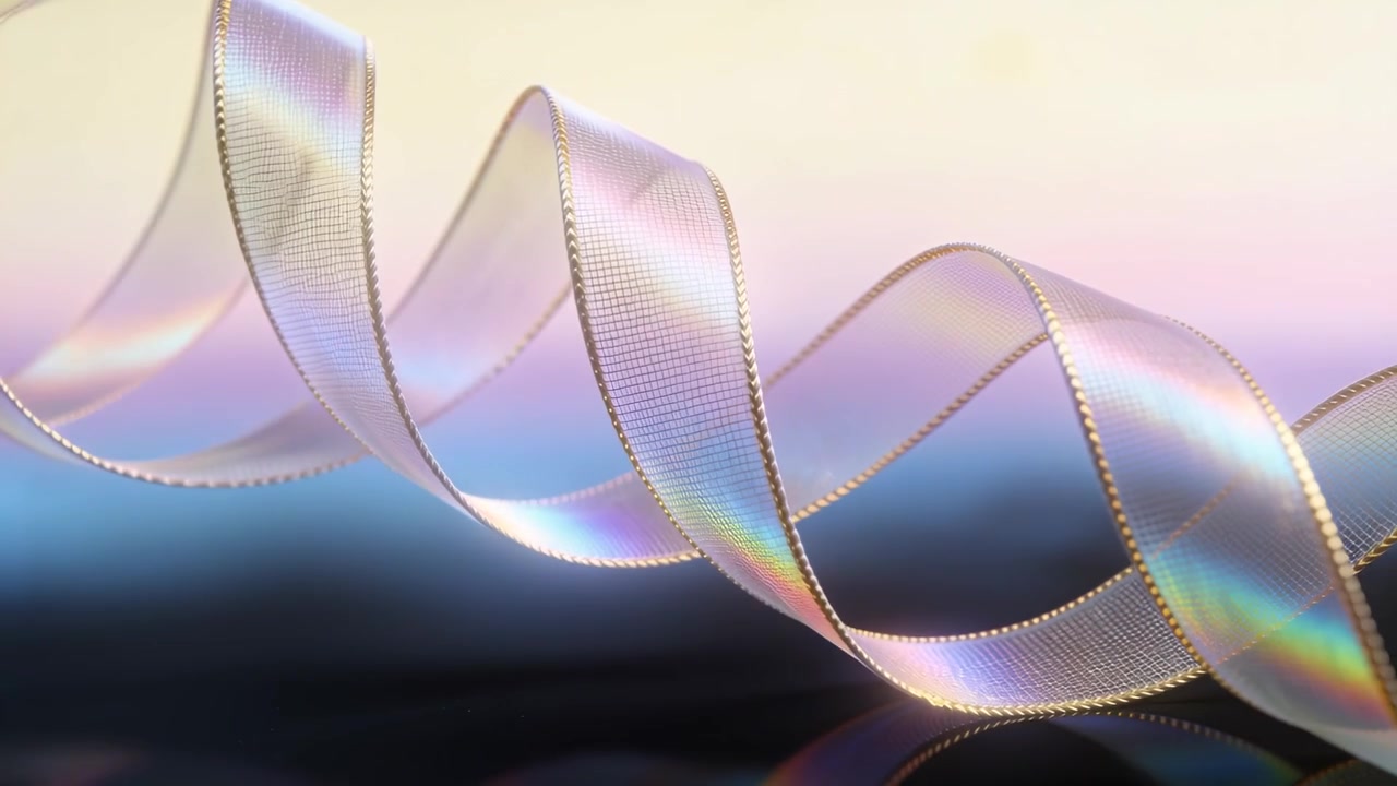 Entering iridescent ribbon drifting across studio set for product display, showing gold trim