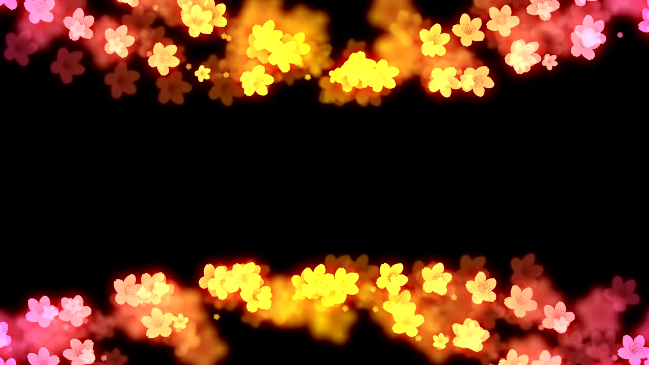 추상적인 보케 빛은 사후라 꽃 또는 체리 꽃 패턴, 핑크와 노란색 그라디언트 색상, 검은 바탕에 일러스트레이션, 중간 복사 공간과 함께 4k 순환 애니메이션