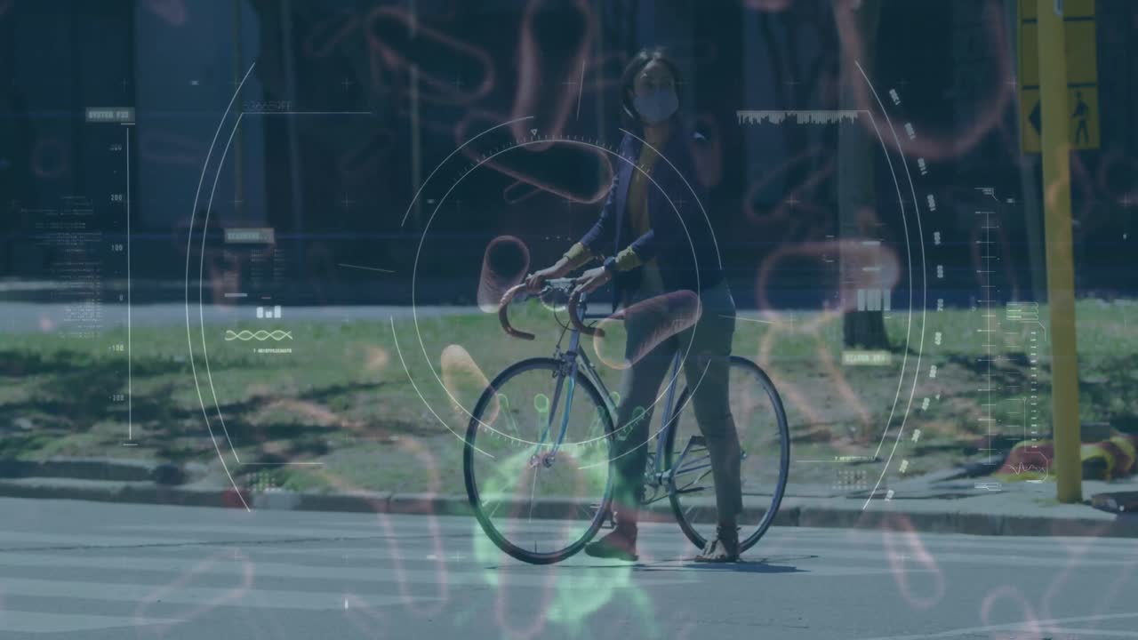 Animation of covid 19 cell and scope scanning over woman walking with bike in city