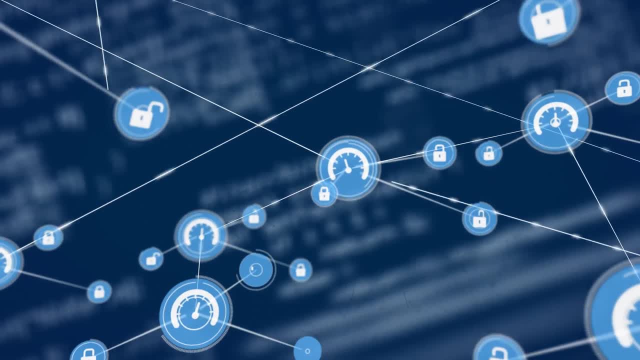 animación de la red de conexiones con iconos sobre el procesamiento de datos sobre fondo azul