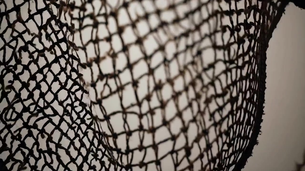 Abstract Close-up of a Dark Rope Net Swaying Against a Light Background