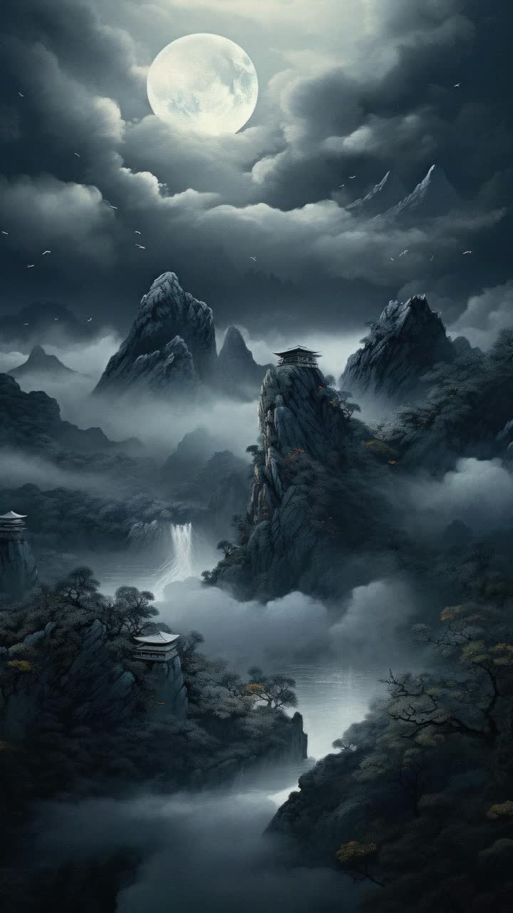 Aerial view of a mystical landscape with misty mountains under a full moon, resembling a fantasy