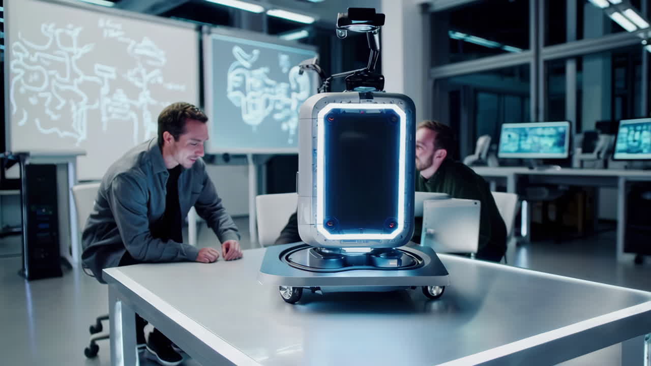 Scientists examining a futuristic portable robot in a modern lab.