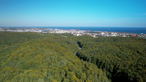 Aéreo---Elevándose-Sobre-árboles-Verdes---Hermoso-Panorama-De-La-Ciudad-De-Gdynia-Desde-El-Lado-Occidental---El-Golfo-De-Gdańsk-Visible-Desde-El-Distrito-De-Witomino,-Pulmones-Verdes-De-La-Ciudad,-Bosque-En-La-Ciudad