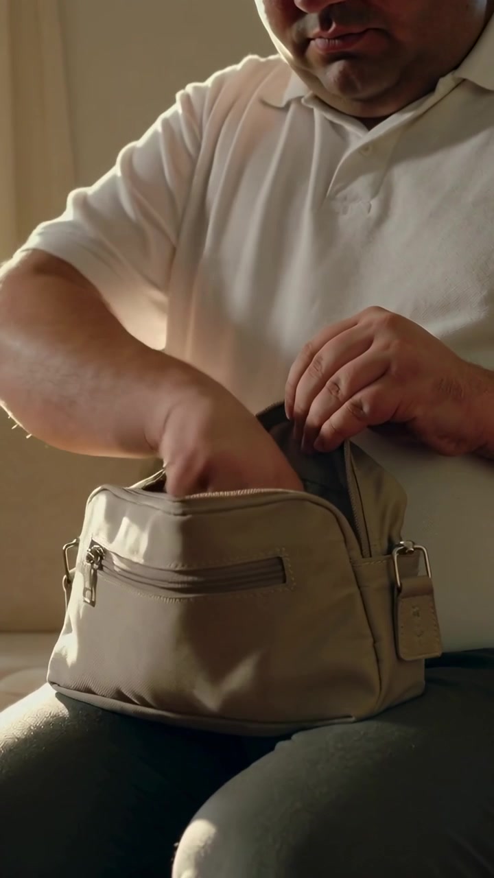 Video vertical: Hombre abriendo una bolsa, metiendo el smartphone en ella mientras está en el sofá, preparando el cierre