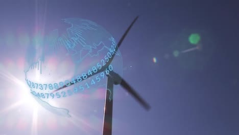 animation of globe with numbers over wind turbine in countryside