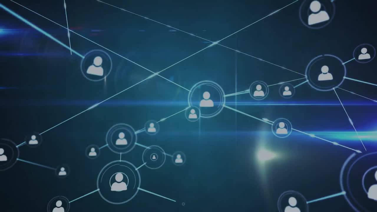 animación de la red de conexiones con iconos sobre fondo azul