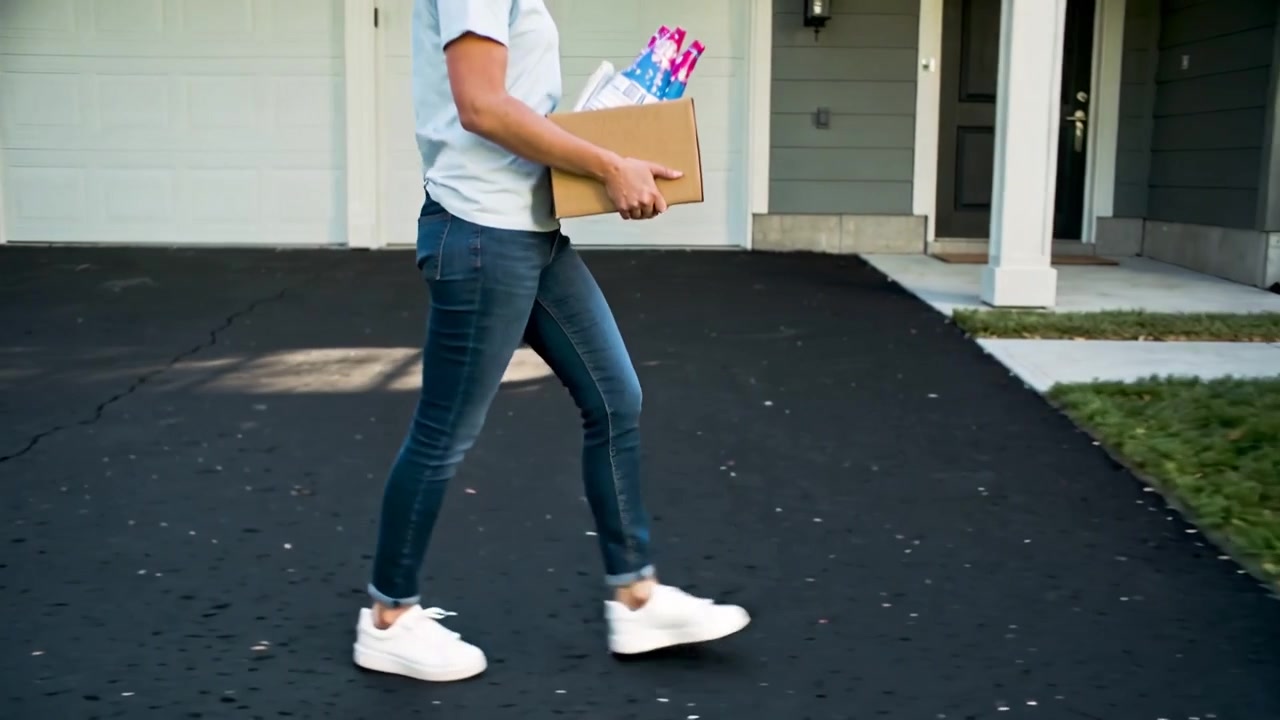 Walking woman in light tee, jeans, sneakers carrying cardboard box across driveway, colorful tissue