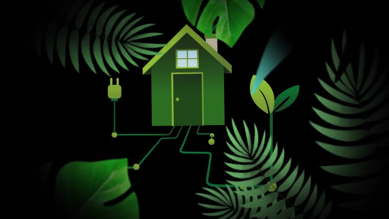 Animazione di una casa e una spina elettrica sopra piante tropicali