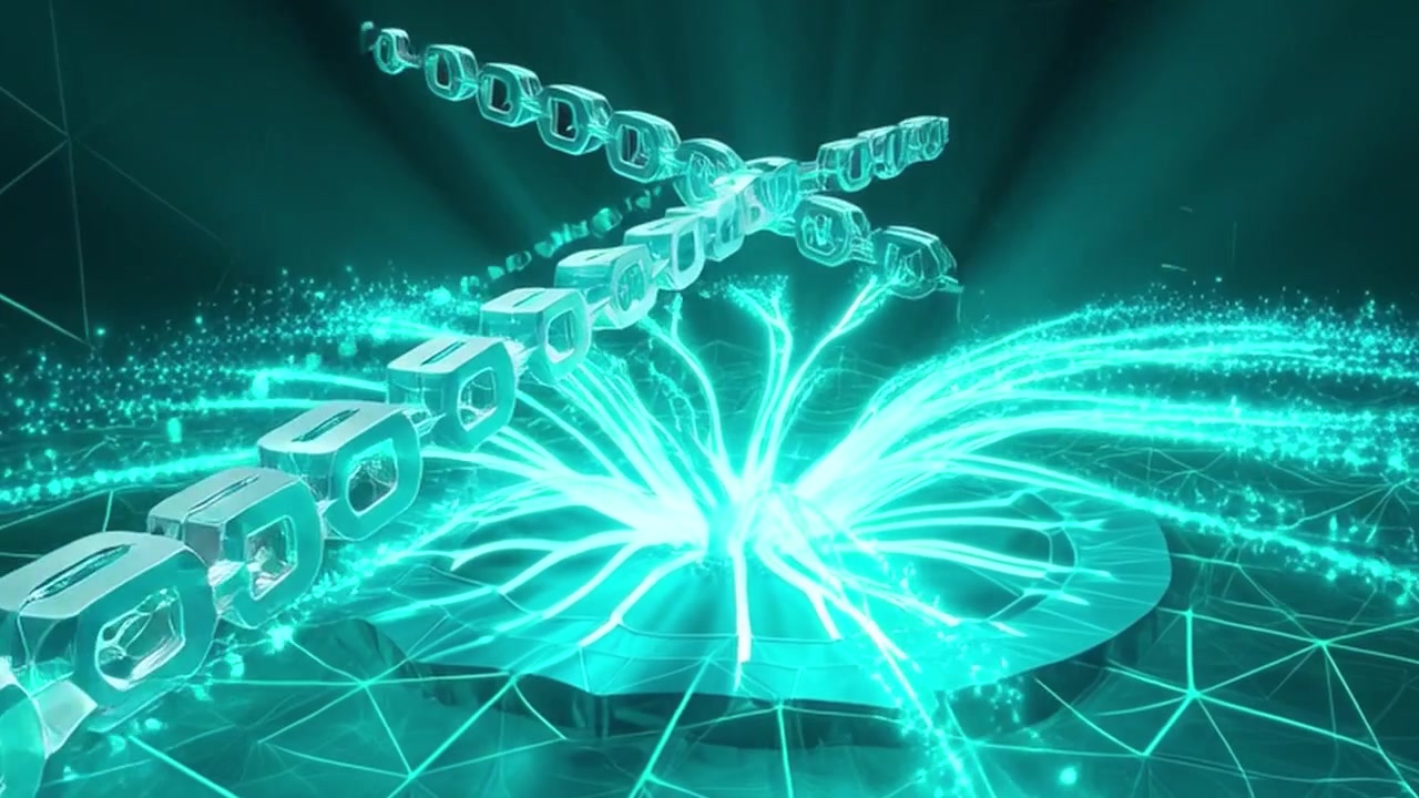 Digital Blockchain Network Connection with Glowing Data Particles