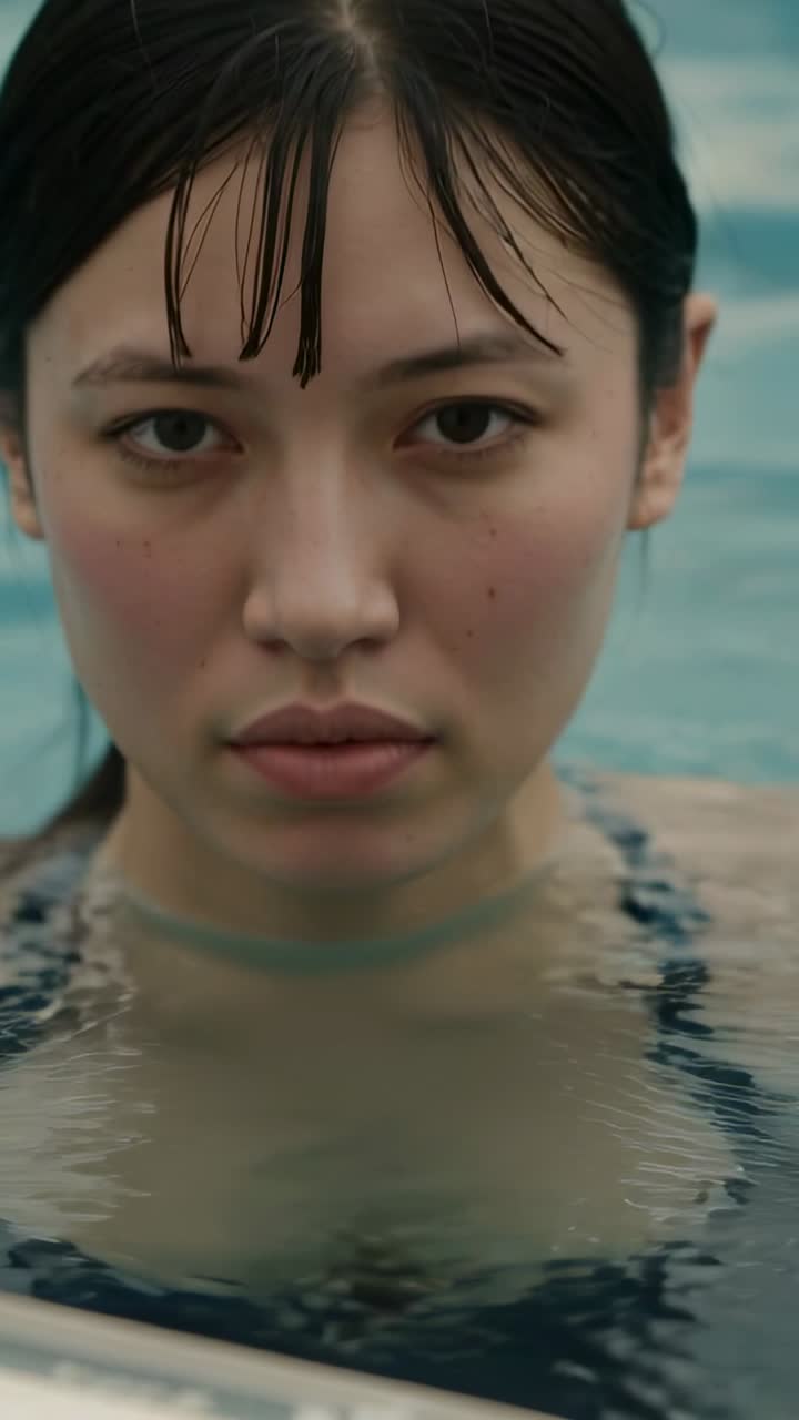 縦型動画：プール水中から浮力で女性が上昇し、呼吸をするために水着のストラップが見える。