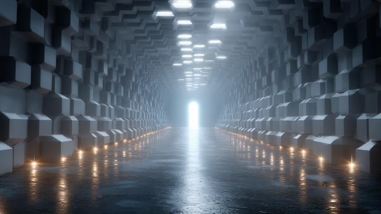 A Journey Through an Illuminated Hexagonal Corridor: A Stunning Visual Representation of Depth, Light, and Structure Captured in a Breathtaking Scene
