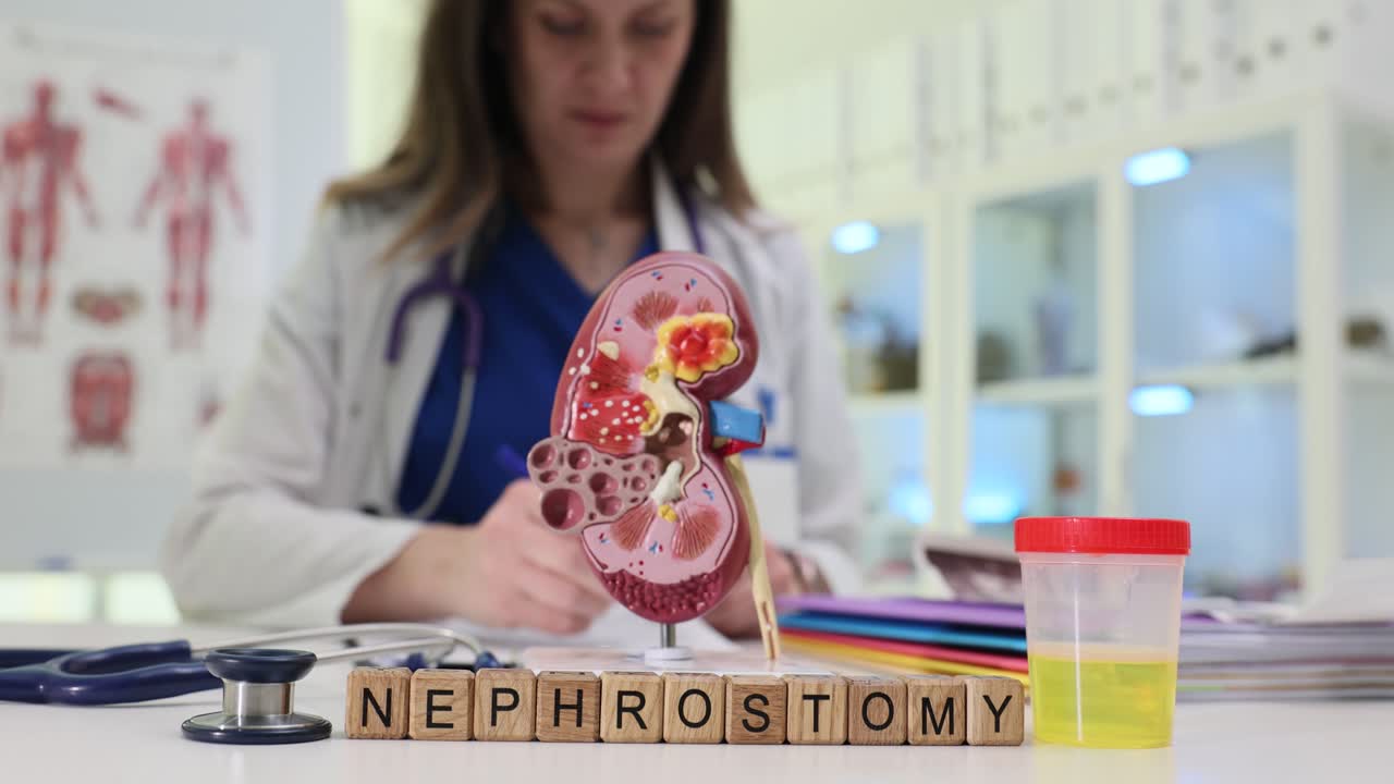Wooden blocks spell nephrostomy near kidney model in clinic