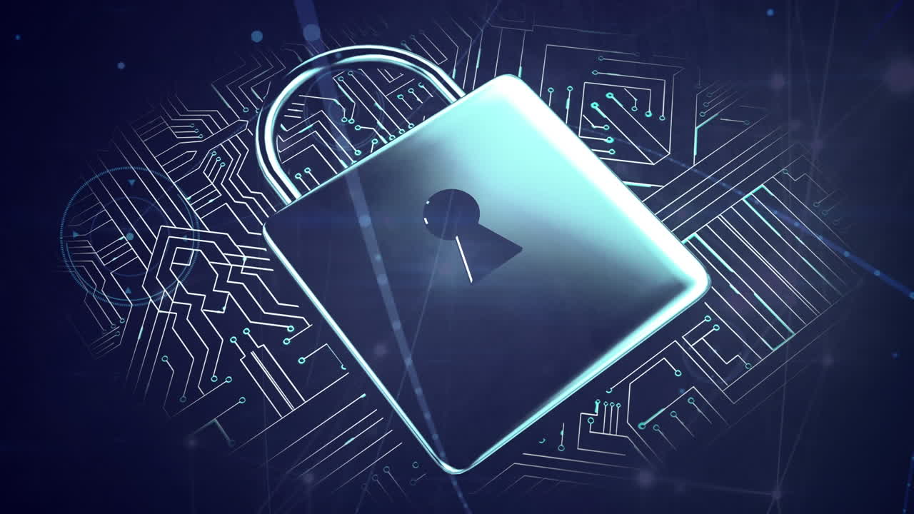 animación de redes de conexiones y icono de candado sobre fondo negro
