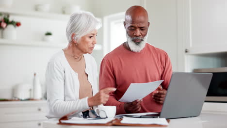 senior couple, documents and laptop in financial