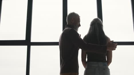 back view of middle aged man embracing his sad wife and trying to comfort her while standing together at window at home