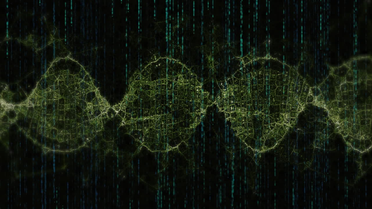 Glowing green DNA helix undulating in flat design scene, overlaid with vertical code streams