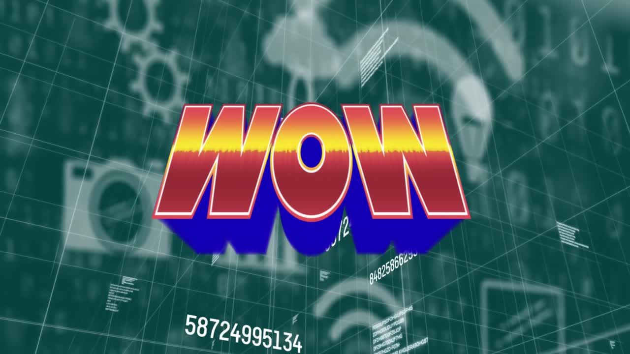 와우 텍스트와 데이터 처리 및 녹색 배경에 여러 디지털 아이콘을 통해 숫자를 변경