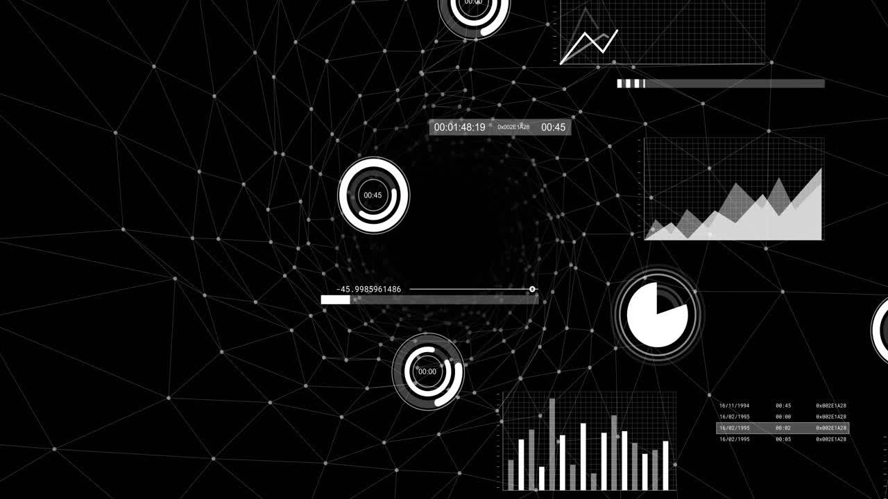 Opening on black network field, vortex pulsing while gauges and charts animating data visualization