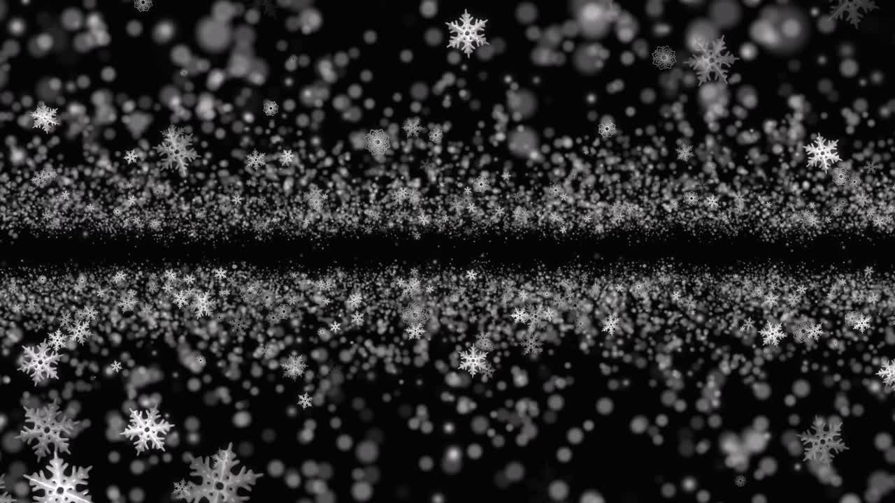 Abstract animation of stylized snowflakes and particles exploding outwards and imploding inwards symmetrically on black. Seamless loop for dynamic winter or festive intros
