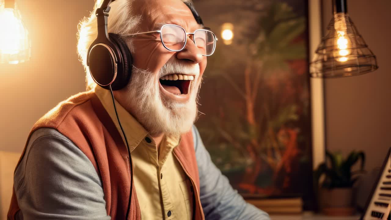 Happy elderly musician laughing and enjoying music through headphones in a cozy home studio, fully immersed in his passion and expressing joy in a relaxed atmosphere
