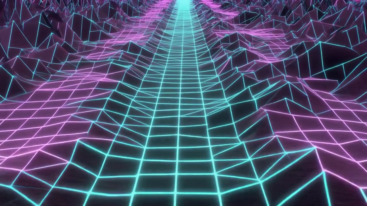 Paesaggio Digitale in Stile Retro Synthwave con Griglia al Neon Luminosa