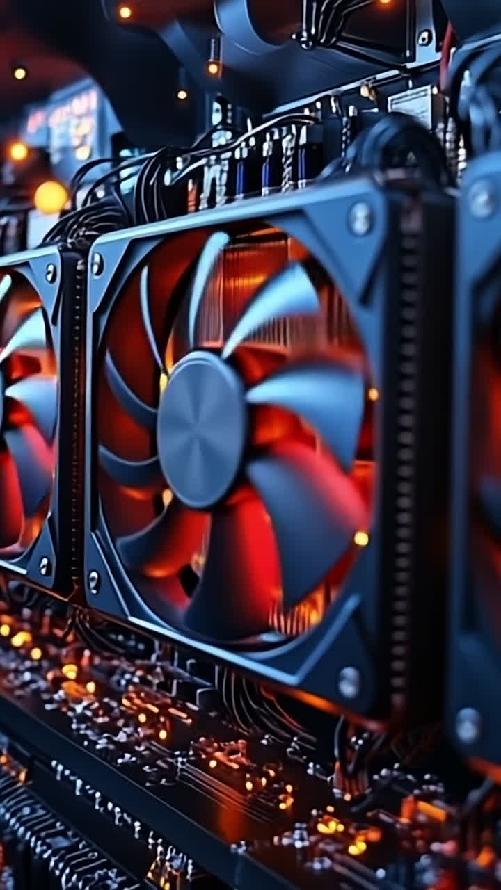 Cooling system in action. Close-up view of cooling fans operating in a computer setup with bright lights and circuit components visible.