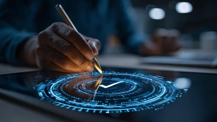 A Person Engages with a Digital Tablet, Using a Stylus to Interact with an Interactive Interface Featuring a Detailed Checkmark Graphic, Symbolizing Completion and Success