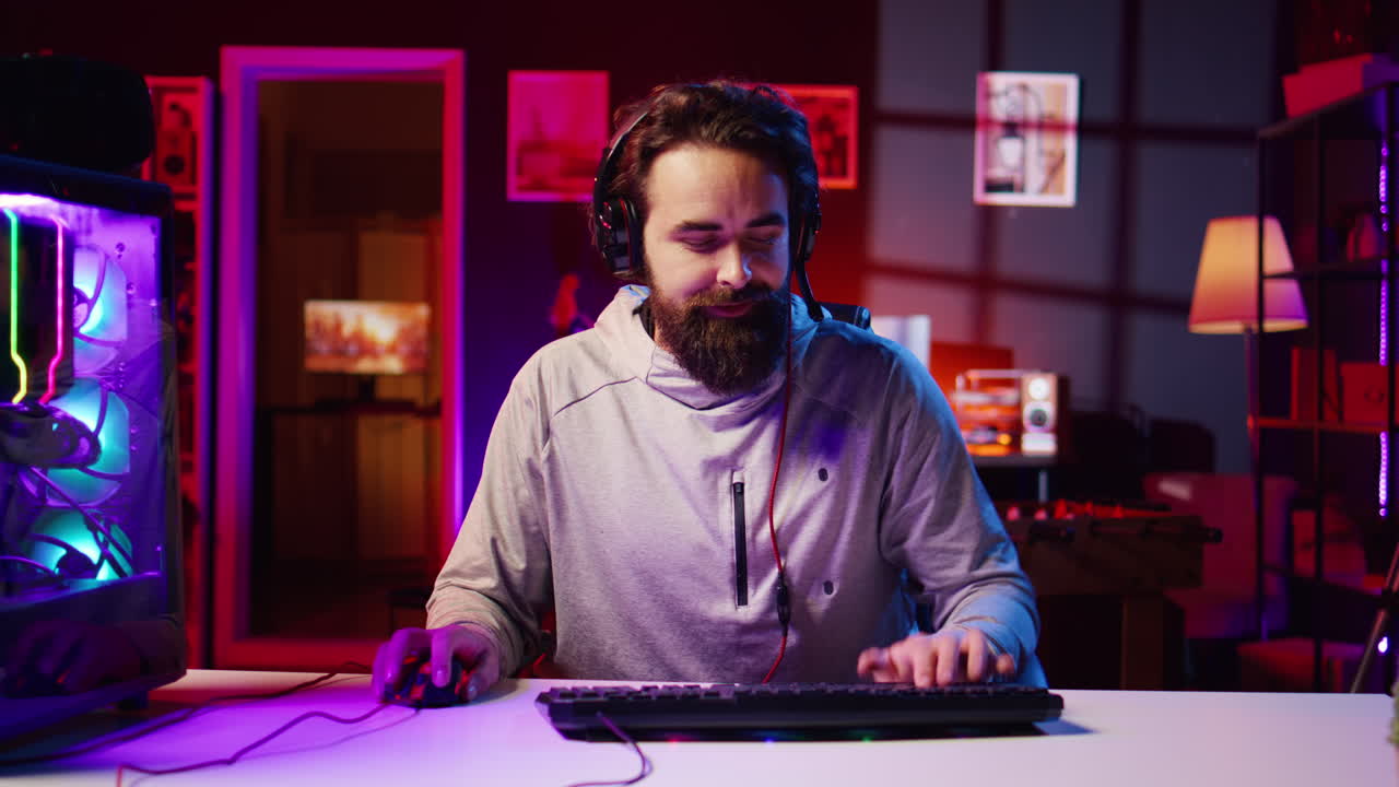 Pro gamer wearing headphones playing game, teaching audience professional esports players skills
