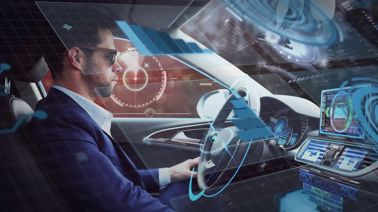 Conducente maschio che tocca la console, avviando sistemi di monitoraggio HUD AR automatici, che mostrano radar e sovrapposizione del volante.