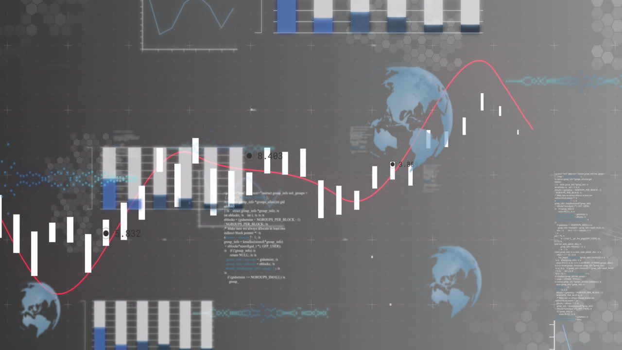 Financial data charts and graphs with world map animation on gray background