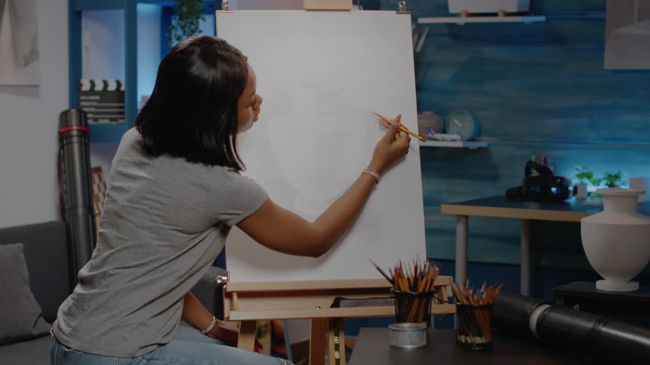 Artist of african american ethnicity drawing vase on white canvas