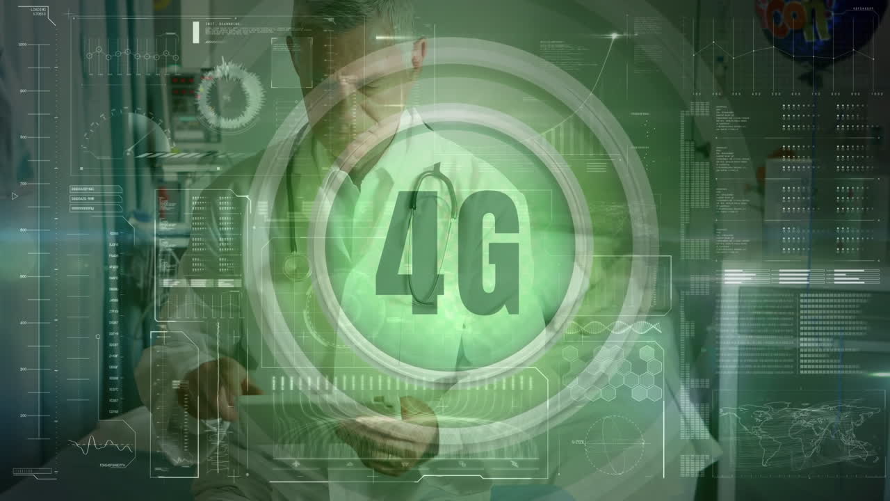 animación de 4g, procesamiento de datos científicos sobre un médico caucásico usando una tableta