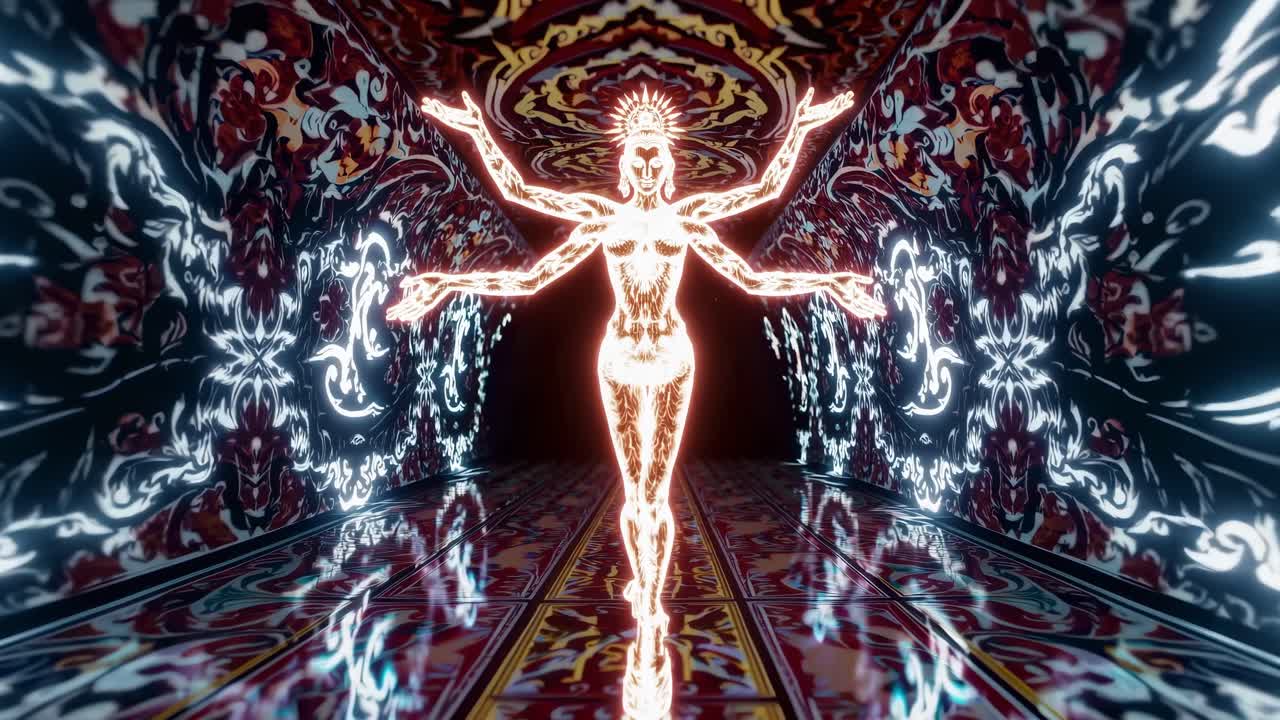 Glowing female figure with multiple arms and a crown walking in a long ornate corridor with reflective floor and walls covered in intricate patterns, creating a mystical and spiritual atmosphere