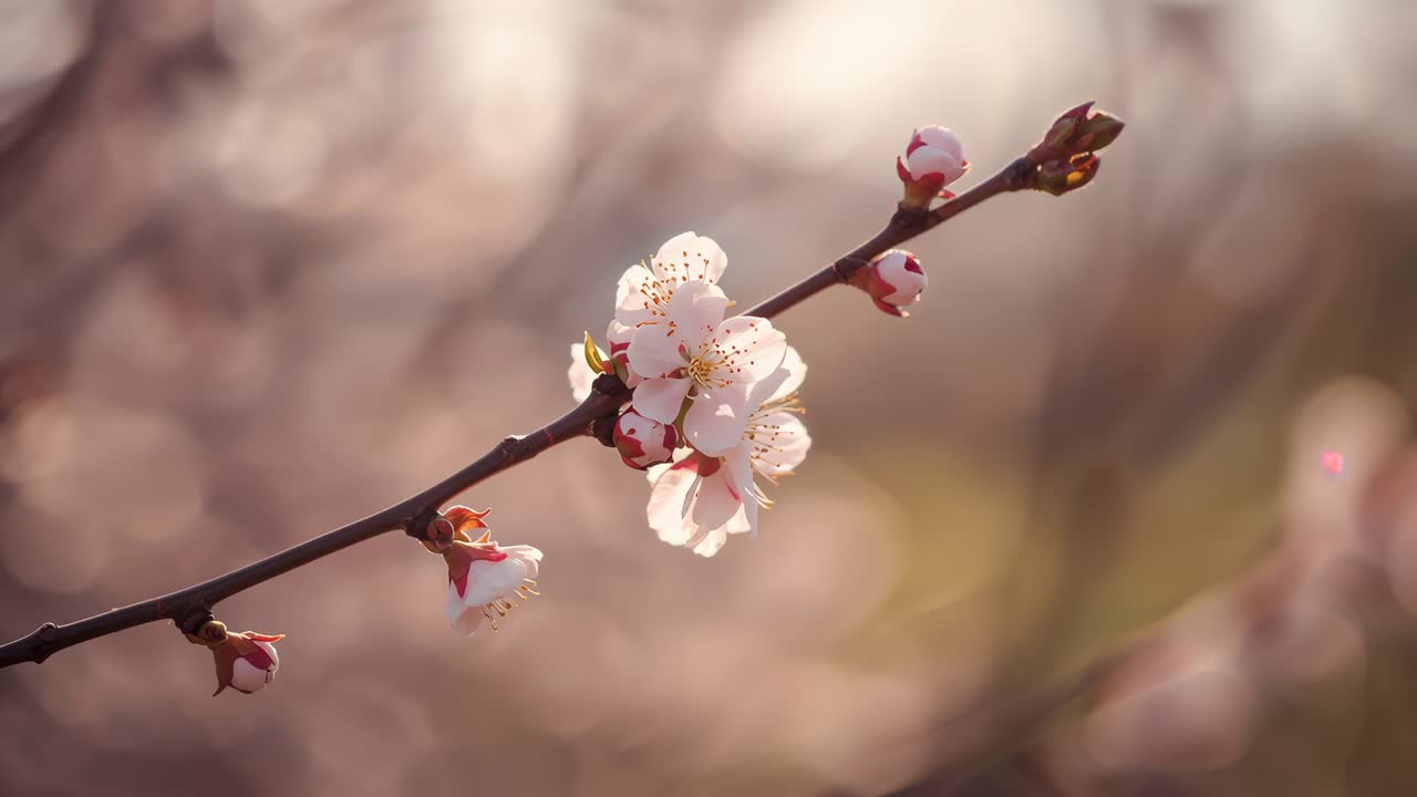 Swaying blossoming branch shifting focus from gentle breeze in park, pink blooms buds warm bokeh