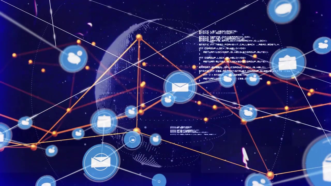 Digital network being animated with rotating dotted globe, connecting blue envelope and user icons