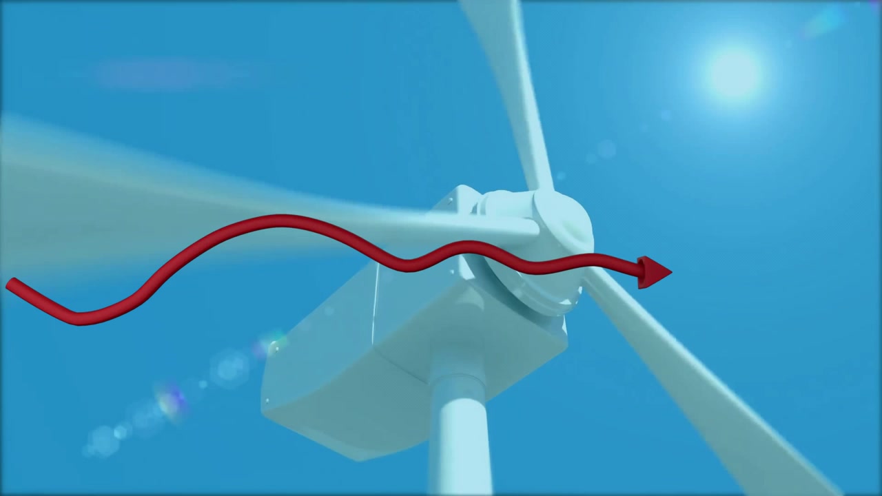 Navicella e pale di una turbina eolica che girano contro un cielo blu, mostrando una freccia rossa del flusso d'aria e un bagliore solare.
