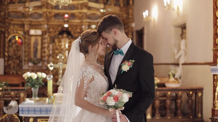 Nybrudepar. Kaukasisk brud og gom sammen i en gammel kirke. Bryllup