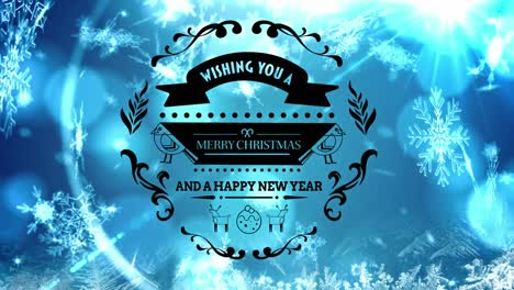 Merry-christmas-and-happy-new-year-text-banner-against-snowflakes-and-blue-spots-of-light