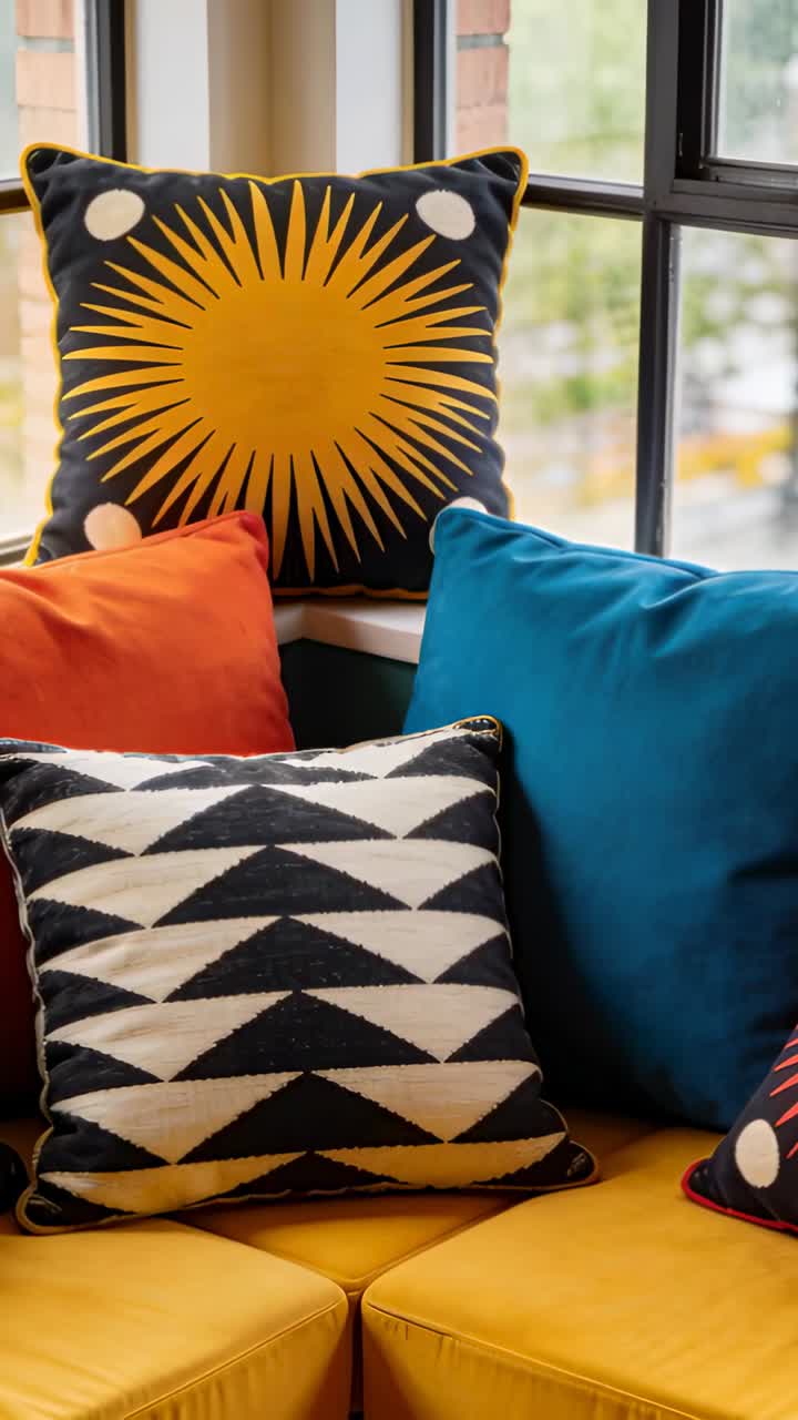 Vertical video: Pulling back camera revealing mustard-yellow seating and window, showing pillows